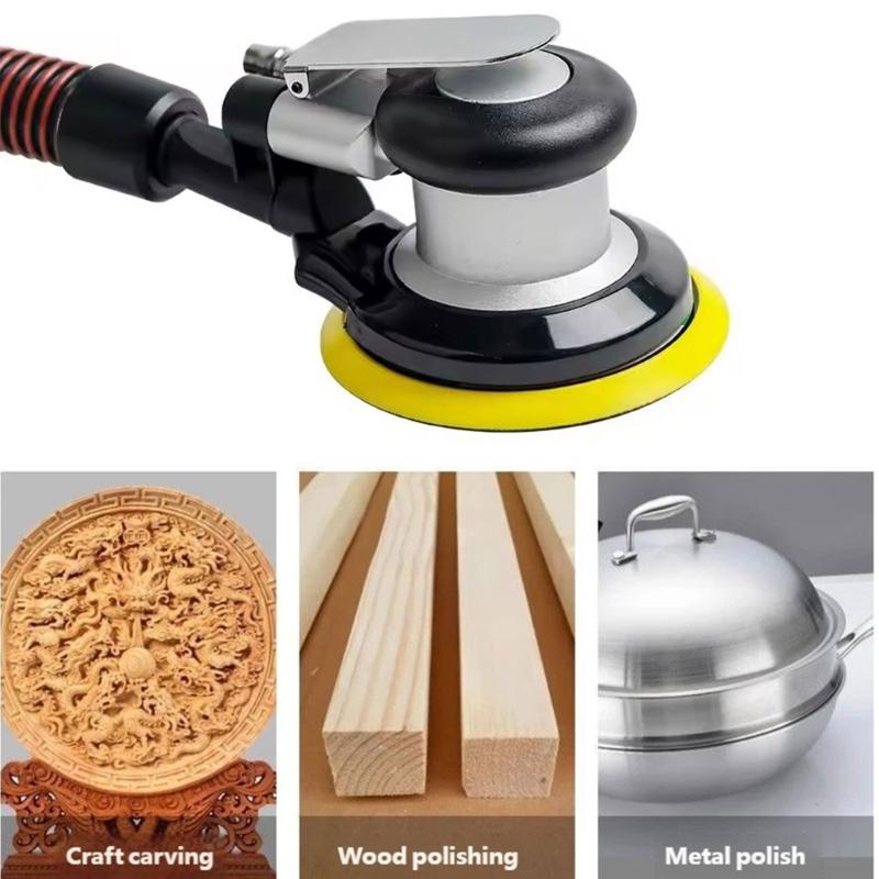 Air Powered 5 Inch Sander with Dust Collection Outlet, Metal Body Sanding Tool for Furniture Refinishing, Garage Sanding, and Finish Work