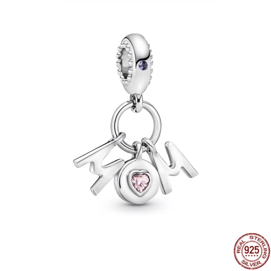 Fine S925 Sterling Silver Love You Mom Double Heart Split Dangle Charm Beads Fit Original  Bracelet DIY Women Jewelry Gift