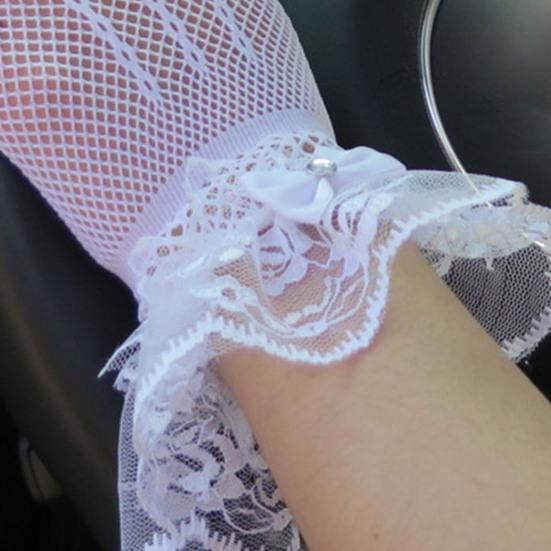 1 par ballhansker for kvinner Gjennomsiktig blonderbue Faux Pearl Dekor Hollow Out Fishnet volangkant Tynn Helfinger Forestillinger Brude Bryllupshansker