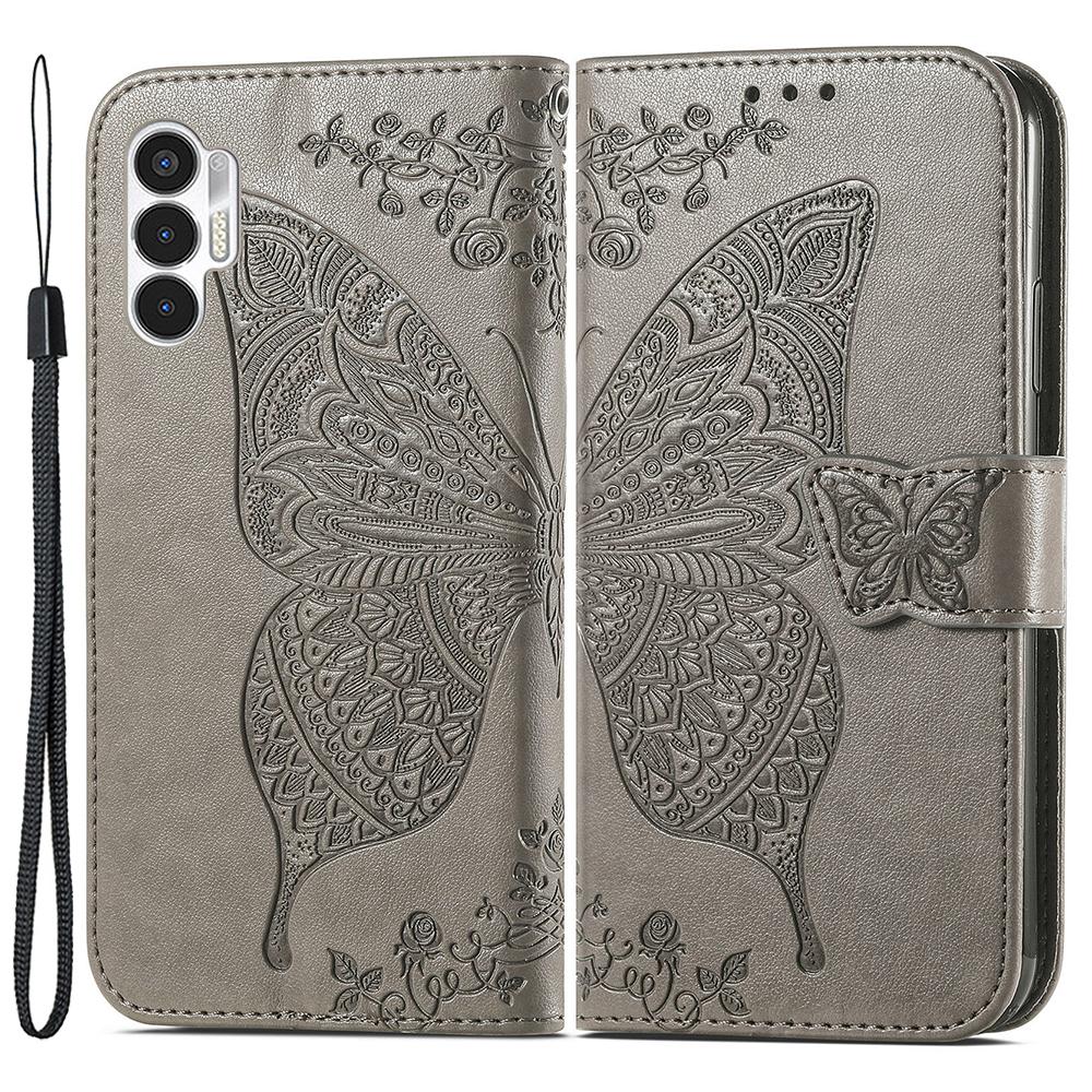 

Для TECNO Pova 3 4G Чехол-подставка из кожи с тиснением бабочки, чехол-кошелек для телефона Grey