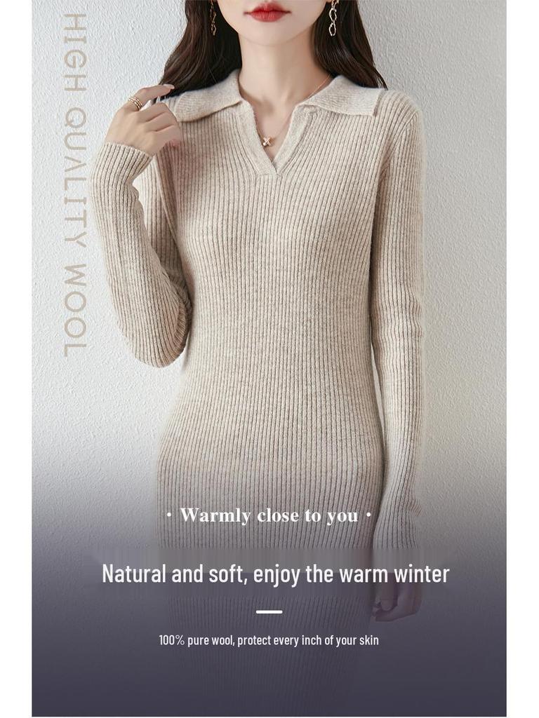 Autumn/Winter Wool Turn-Down Collar Slim-Fit Knitted Dress with Over-the-Knee Slit and Coat Set