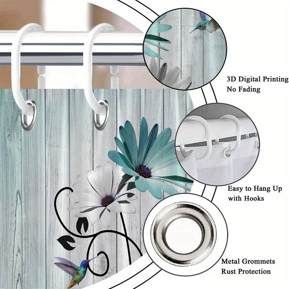 1 Hummingbird Floral Shower Curtain-Vivid white and light blue flowers with black swirling vines, 70x70 inches, polyester fabric