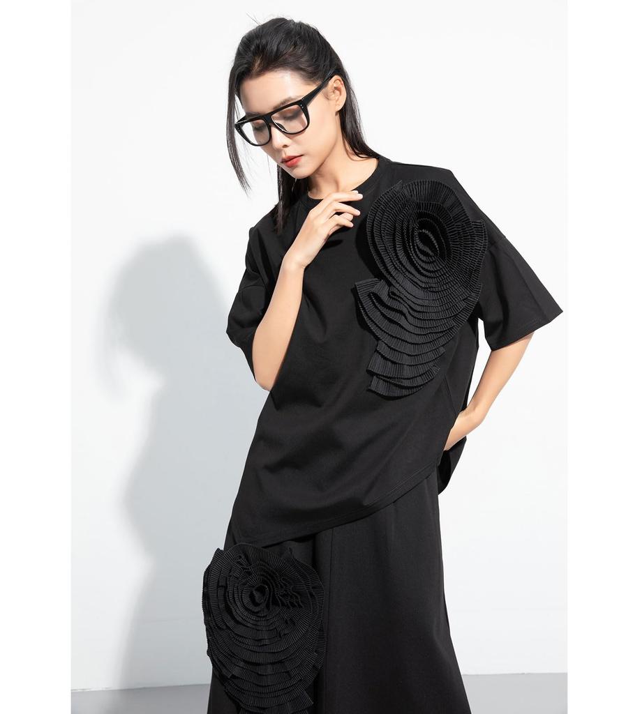 Morino 3D Floral Short Sleeve with Asymmetrical Drop Loose and Unique for Spring and Summer Women's T-Shirt Shoulder, Fit, Stylish, (Black)
