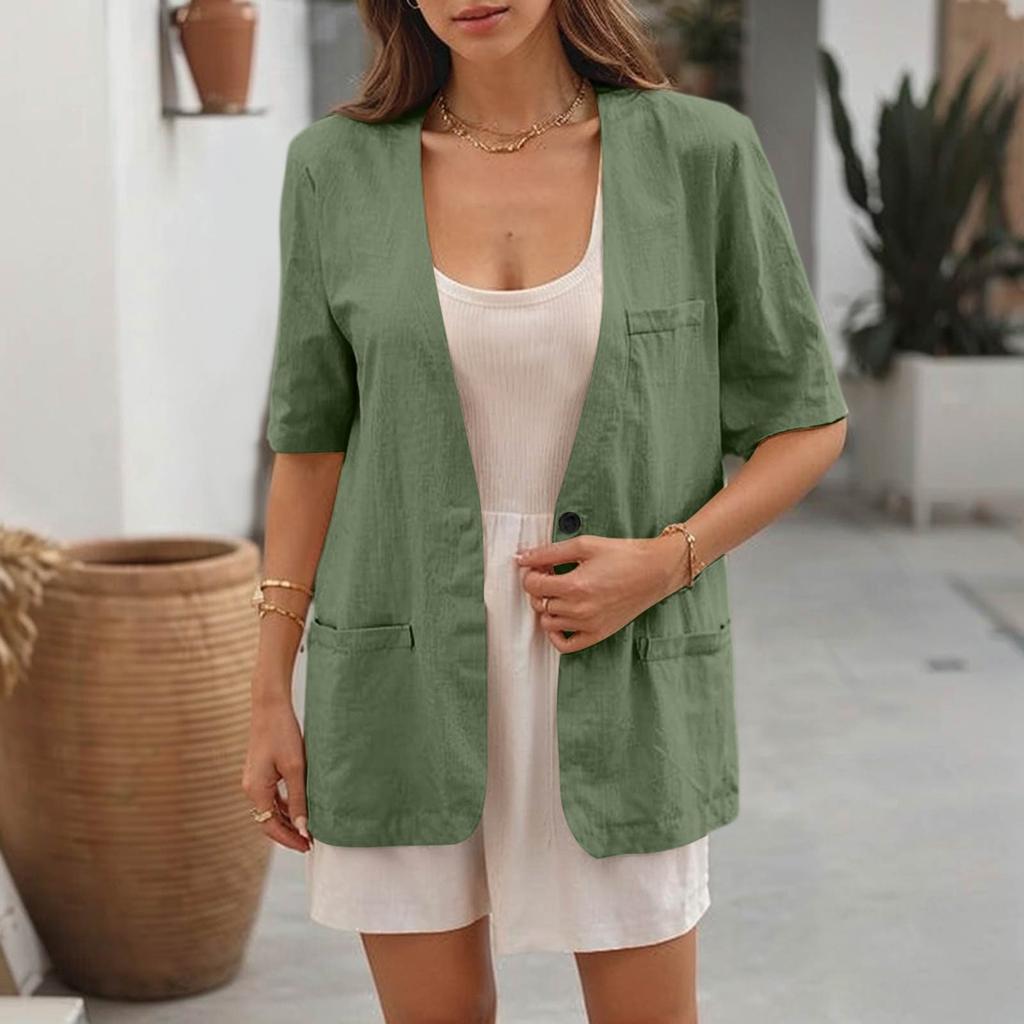 Women's  Work Casual Short Sleeve V-Neck Single Button Solid Color Coat