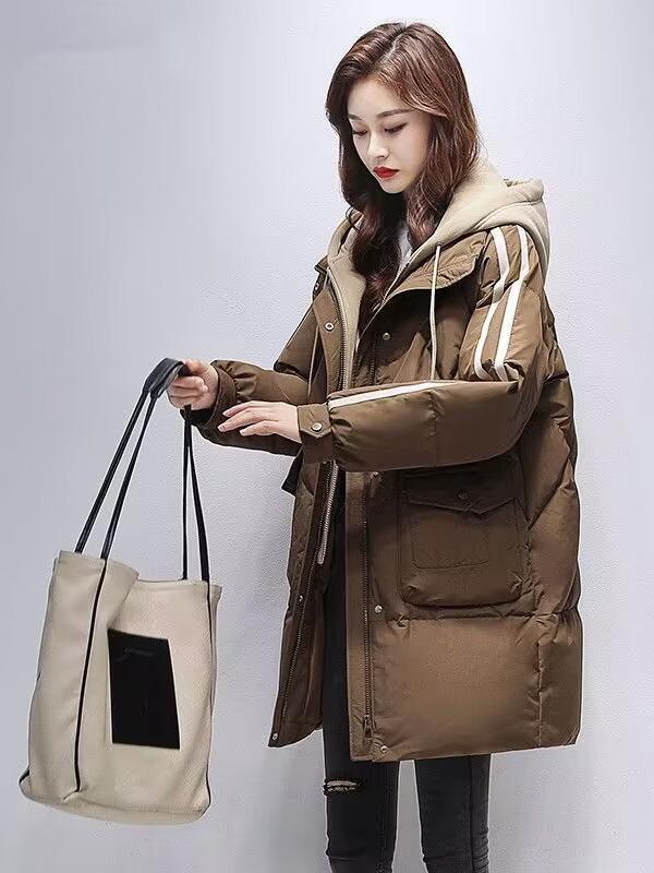 Women's Light Luxury Hooded Down Cotton Coat - Winter, Long, Loose, Large Size, Korean Style, Thick