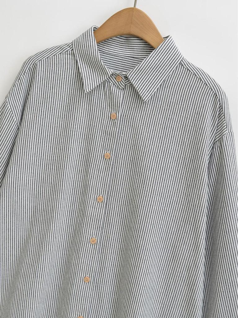 Women's Retro Striped Long Sleeve Lapel Shirt - Casual, Loose Fit for Spring and Autumn