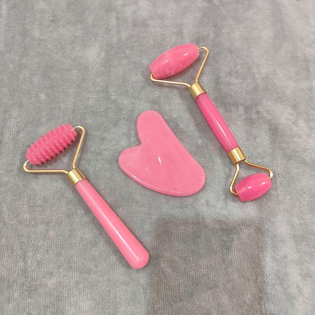 3-Piece Set: Imitation Jade & Rose Quartz Gua Sha Boards with Spiky Roller Facial Massager