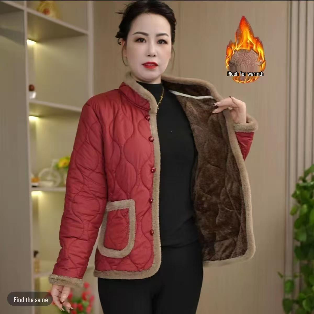 

2025 A/W Stand-up Collar Plus Velvet Cotton Jacket for Middle-aged Mothers, Versatile, Warm, and Stylish 5XL (145-160 jin)