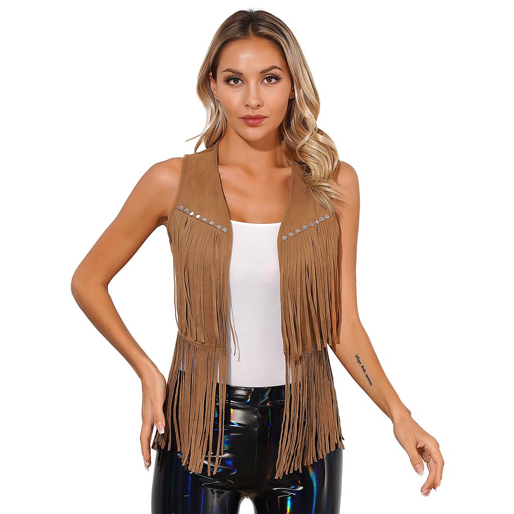 Womens Faux Suede Tassel Vest Fashion Rivets Fringe Waistcoat Open Front Sleeveless Jacket Boho Style