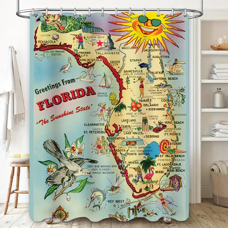 Vintage Florida Map Shower Curtain State Pride Decor for Bathroom Greetings From Sunshine State Gift Idea 36x72 Inch