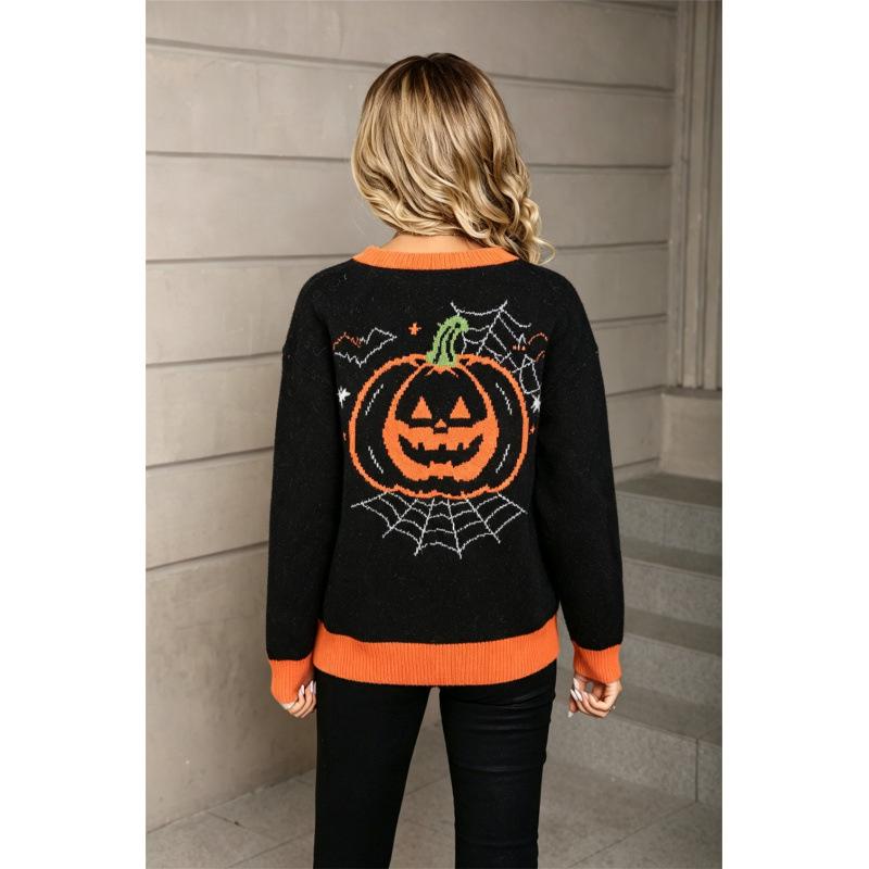 2026 Women's Plus Size Halloween Ghost Color Block Knit Pullover