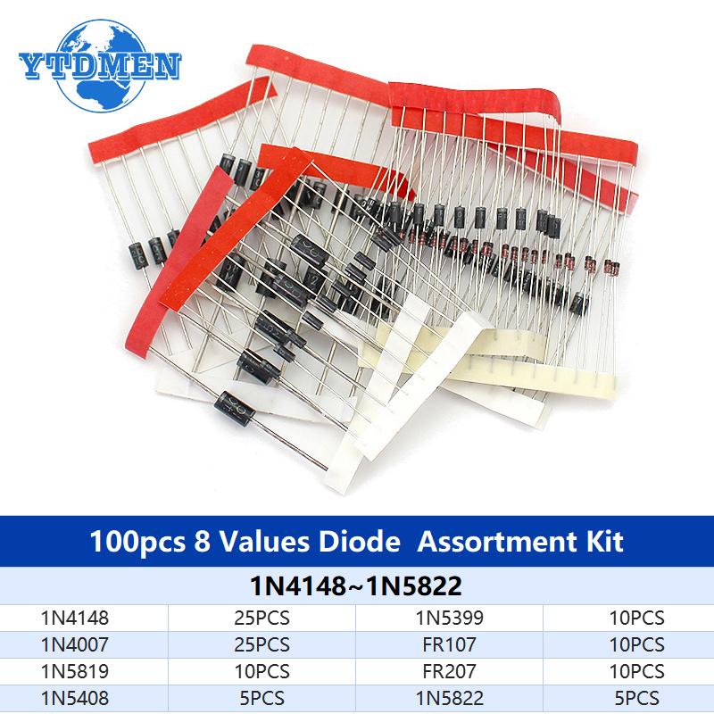 100PCS 8 Values Rectifier Schottky Diode Kit 1N4007 1N4148 1N5408 1N5819 1N5822 1N4001 1N4004 1N5404 FR107 FR207 Fast Switching