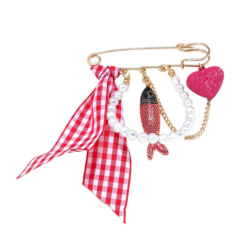 Creative Marine Themed Alloy Fish Love Checkered Ribbon Brooch Eye Catching Corsage Pin For Blouses Coats And Hats