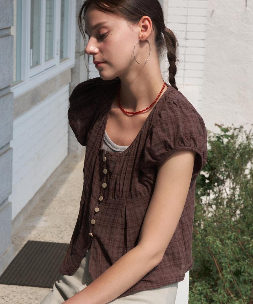HAINT Mayel Check Puff Embroidery Blouse _Brown