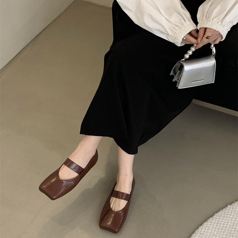 Do retro old money wind square head shallow mouth single shoes evening shoes ballet shoes with skirts Mary Jane women's shoes