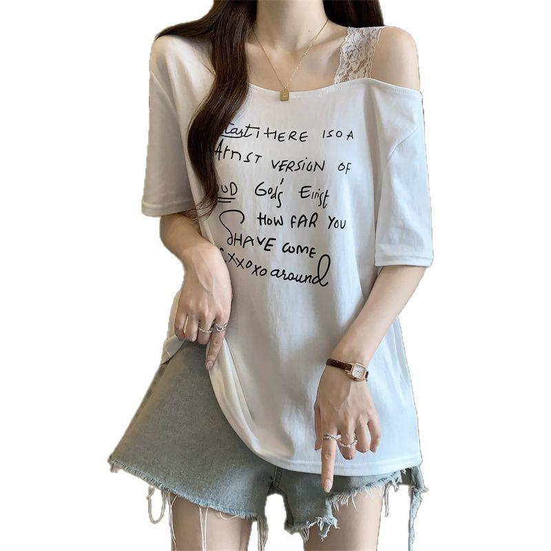 Plus Size Women's Off-the-Shoulder Letter Print T-Shirt - Short Sleeve, Loose Fit, Summer Fashion Top