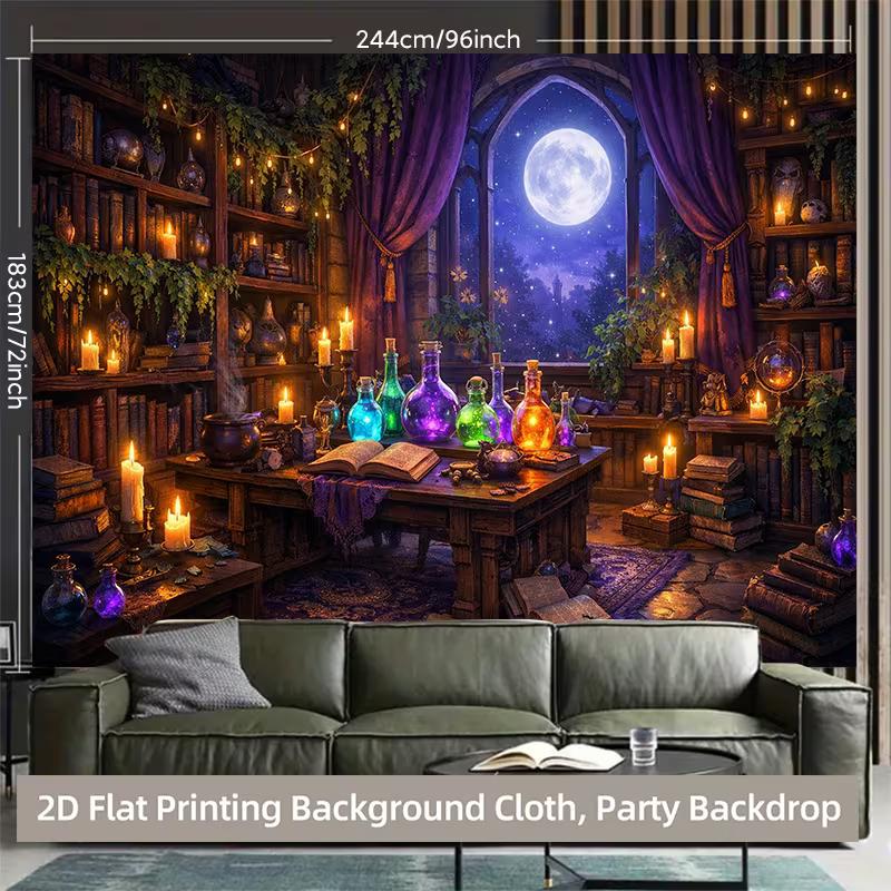 

2D Magical Witch Study Tapestry, Colorful Potion Bottles, Spell Books & Full Moon at Night Wall Art 47.2x31.5inch/120*80cm
