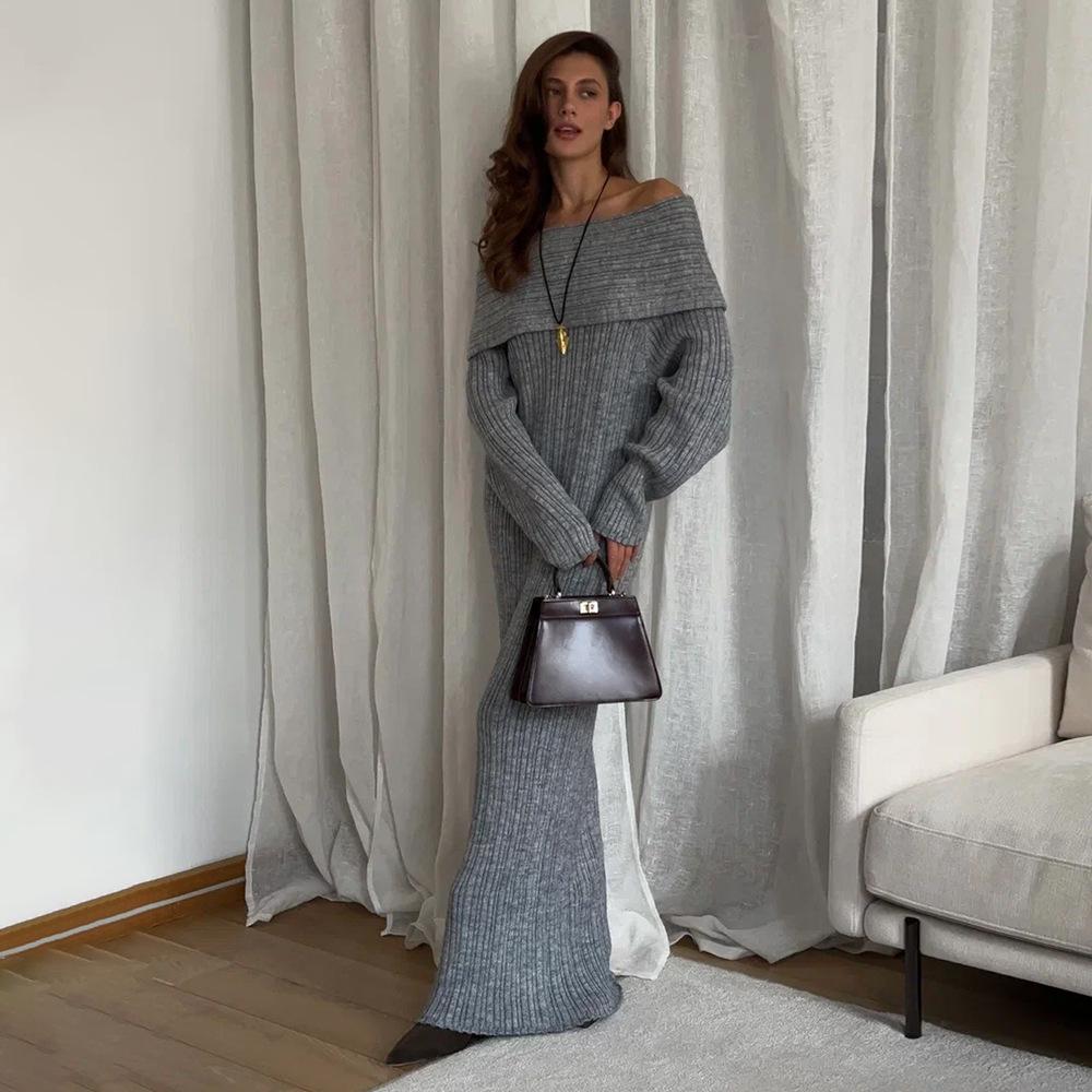 Вязаное платье с открытыми плечами и длинными рукавами, европейское, американское осенне-зимнее новое вязаное платье-футляр с открытыми плечами, облегающее бедра, для женщин S