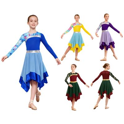 Girls Worship Dance Dress Long Sleeve Color Block Patchwork Irregular Hem Elegant Stage Performance Gown