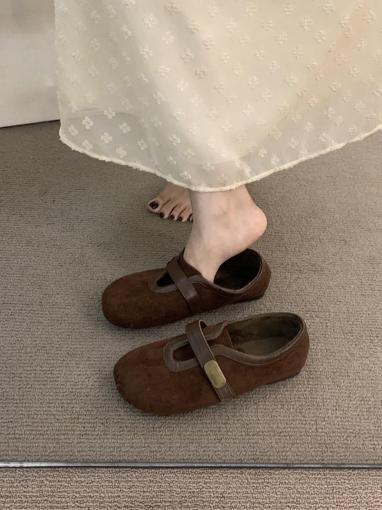 Deep mouth round head suede brown Mary Jane single shoes women's retro velvet Birkenstocks cotton shoes