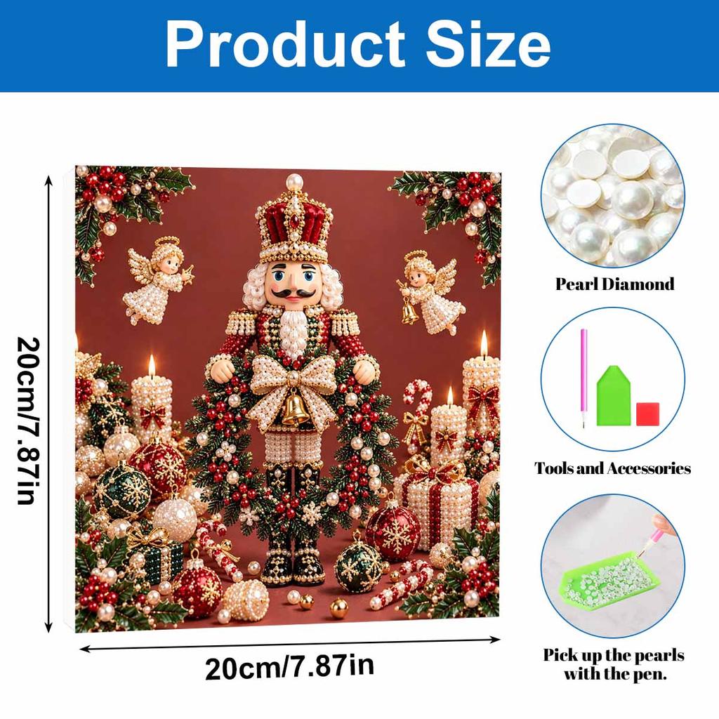 DIY Framed Pearl Painting Kit with Christmas Nutcracker and Angels Pattern 5D Sparkling Bead Art Canvas Ready to Display Holiday Home Decor Gift Idea