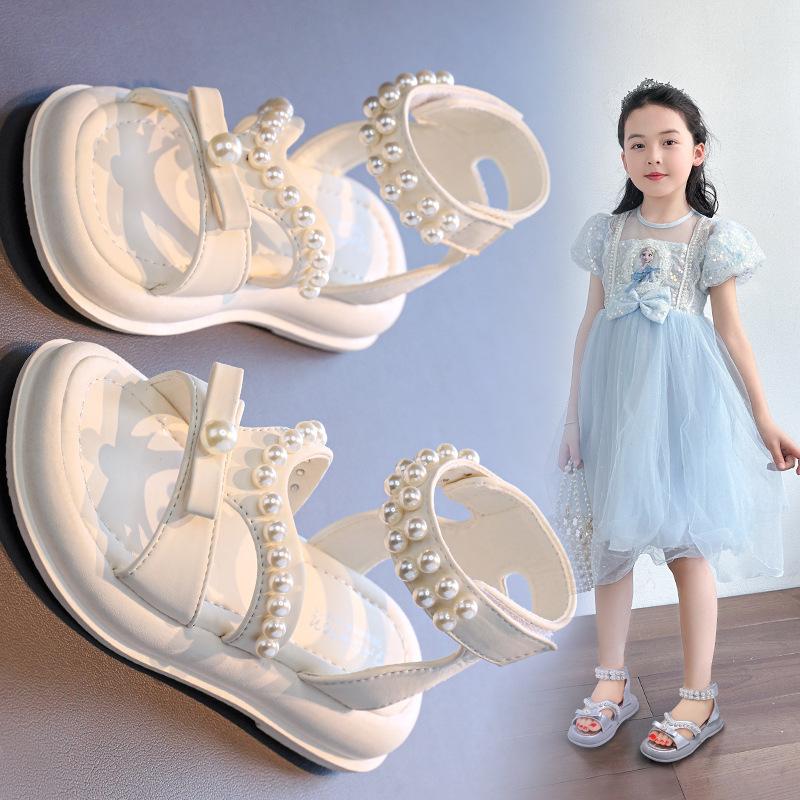 Girls Sandals 2025 Summer New Children's Fashion Pearl Princess Shoes Girls Roman Sandals Foreign Beach Shoes