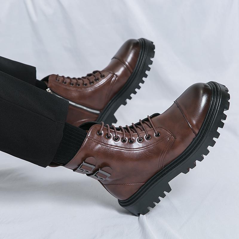 Martin boots spring and autumn breathable British style booster boots black zipper high top leather shoes locomotive boots