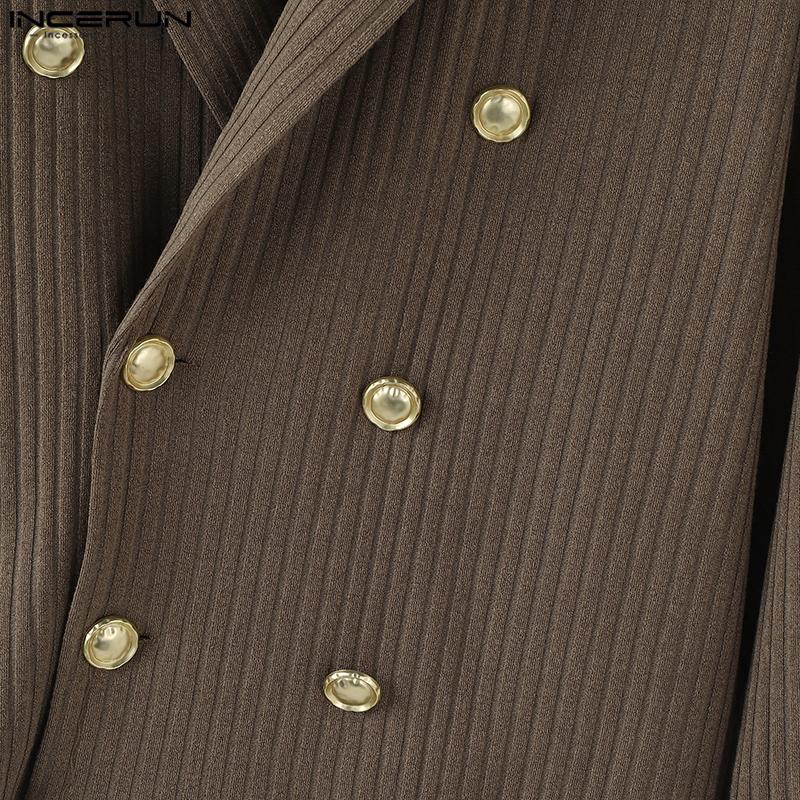INCERUN Men Lapel Long Sleeve Double Breasted Casual Ribbed Knitted Jackets Coats