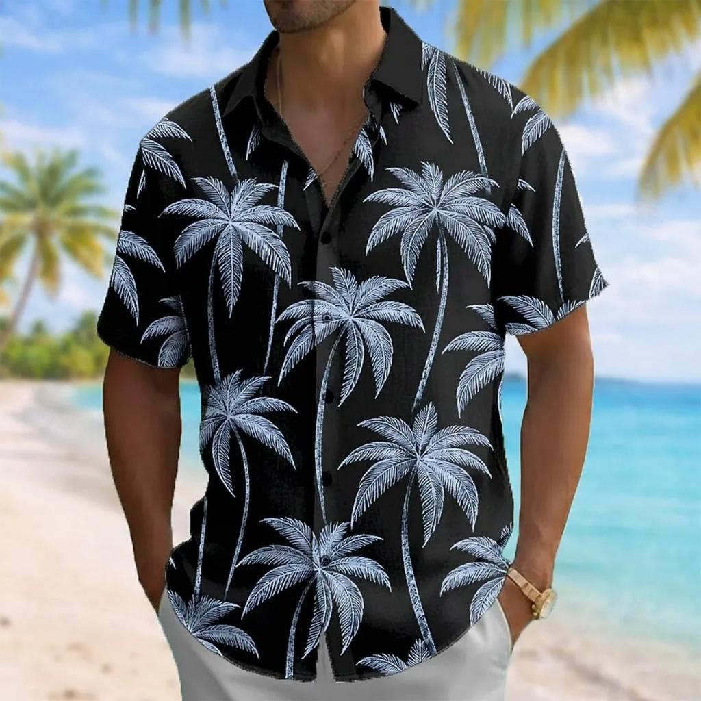 Men's Coconut Tree Print Short Sleeve Shirt Casual Button-Down Lapel Top for Vacation Beach Travel Daily Wear