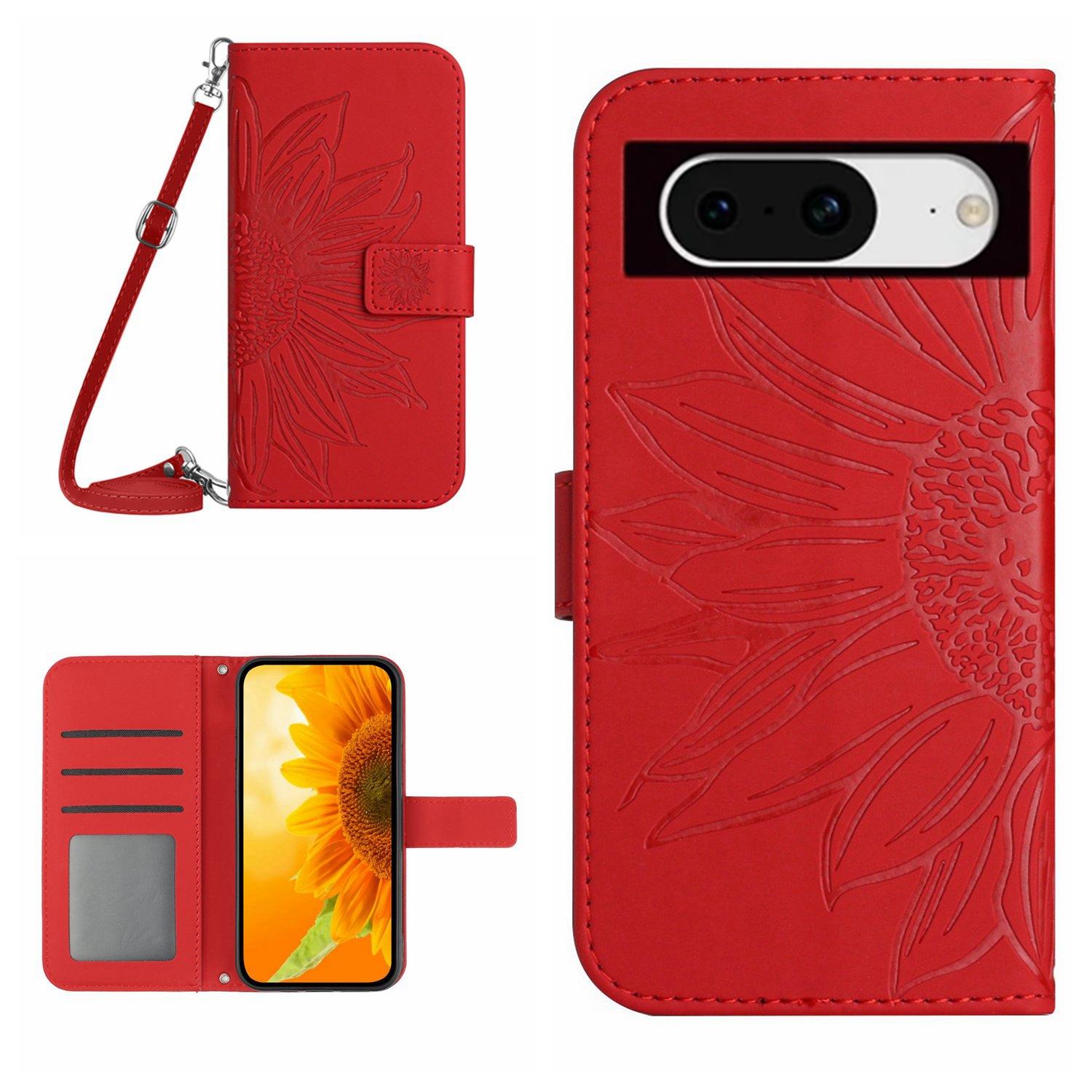 

HT04 For Google Pixel 8a Case Imprinted Leather Smartphone Cover with Shoulder Strap Red