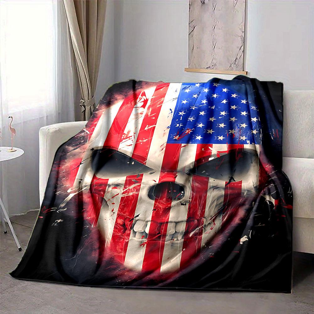 1pc Patriotic Skull Blanket, Lightweight Flannel Blanket For Sofa, Bed, Travel, Camping, Living Room, Office, Couch, Chair228