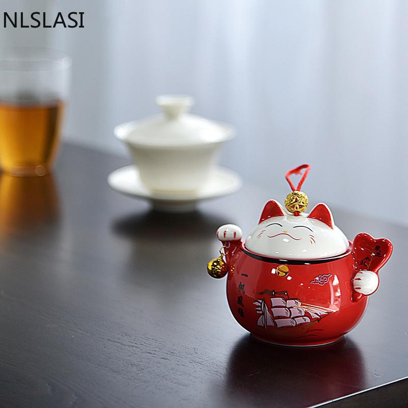 Lata de té de cerámica Lucky Cat Juego de té Juego de té Tarro de té Pu'er Mini lata de té sellada portátil Accesorios para el juego de té del hogar NLSLASI