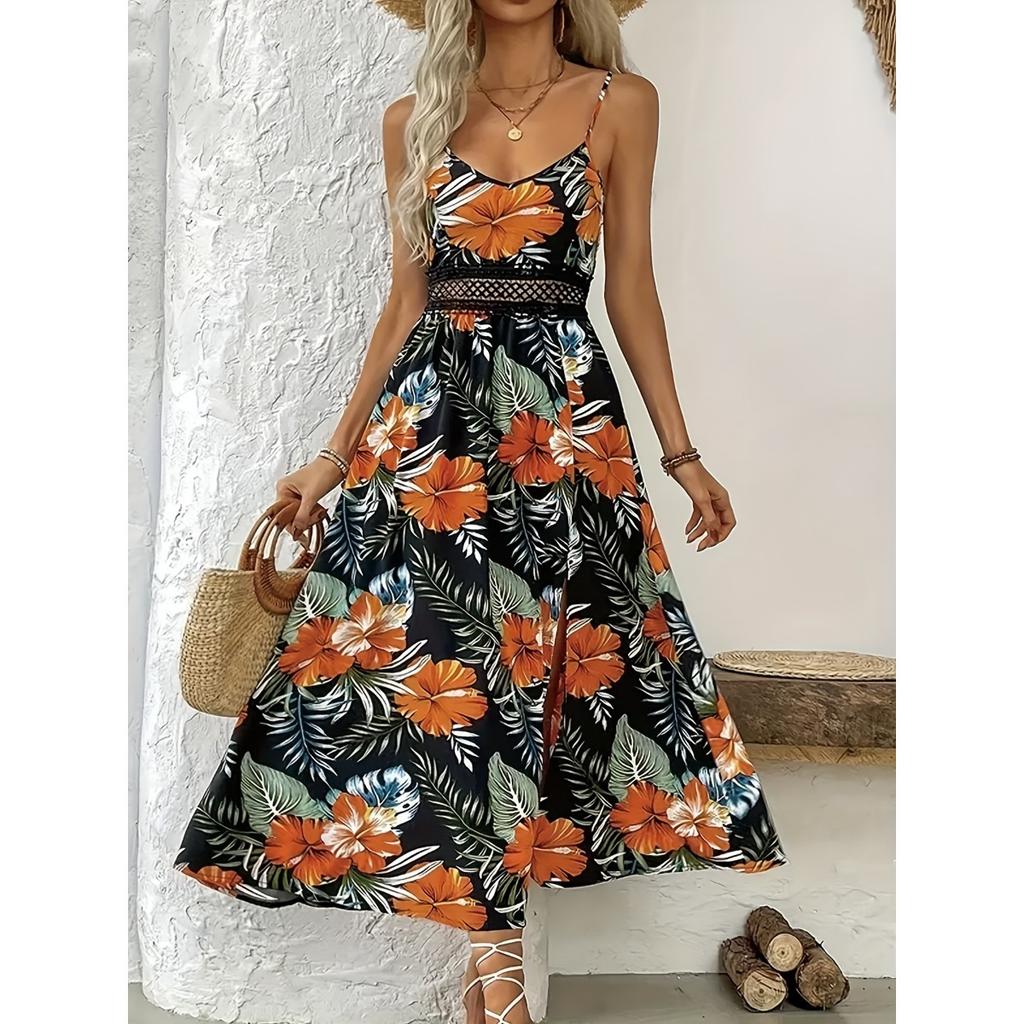 Damenkleid, Bedruckt, Träger-V-Ausschnitt, Häkelstich, Schlitzkleid, Geblümt, Bedrucktes Kleid