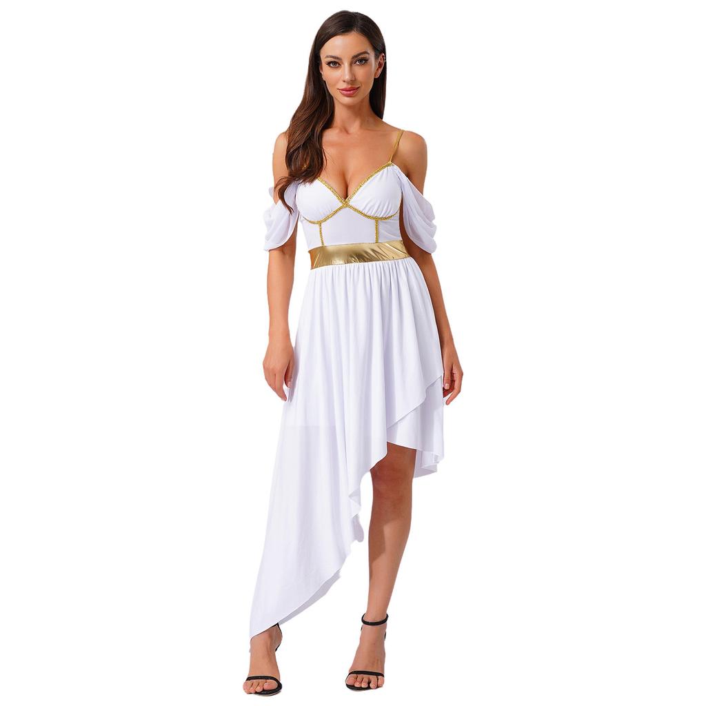 Womens Greek Roman Queen Costume Metallic Shiny Patchwork Off Shoulder Asymmetrical Hem Sling Dress Halloween Party