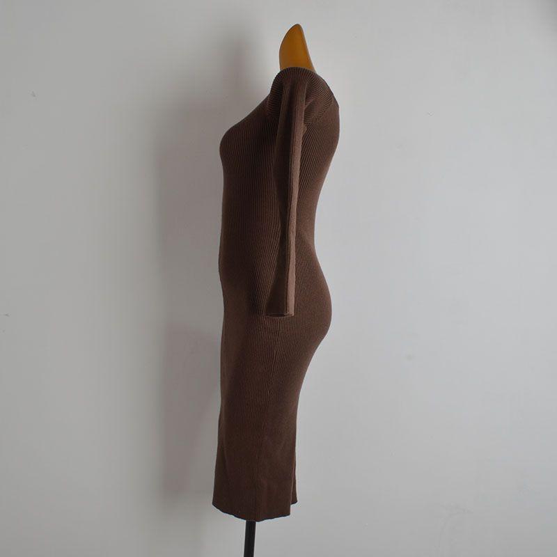 French Style New Arrival Pure Color V-neck Flared Sleeves Knitting Dress Women's Clothing Spring & Fall Winter Silm Slim Looking Bodycon Dress