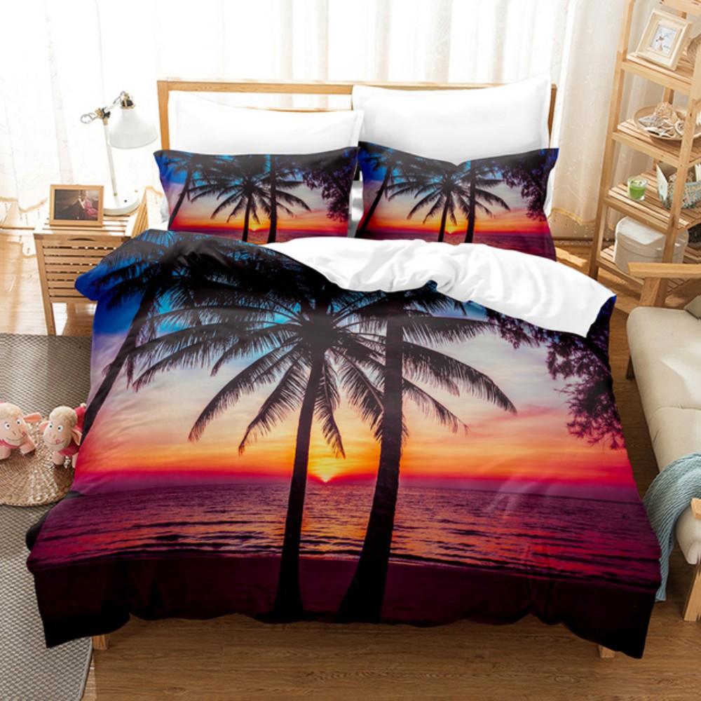Zonsondergang Zeezicht Palmboom Beddengoed Set Ademend En Zacht Machine Wasbaar 100% Polyester Dekbedovertrek Set Voor Huisdecoratie