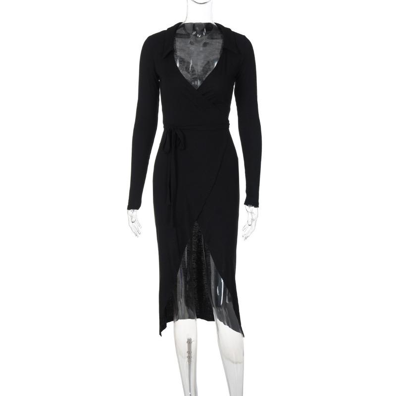 Long Sleeve Dress Sexy Bag Hip Tie Waist Slit Long Dress