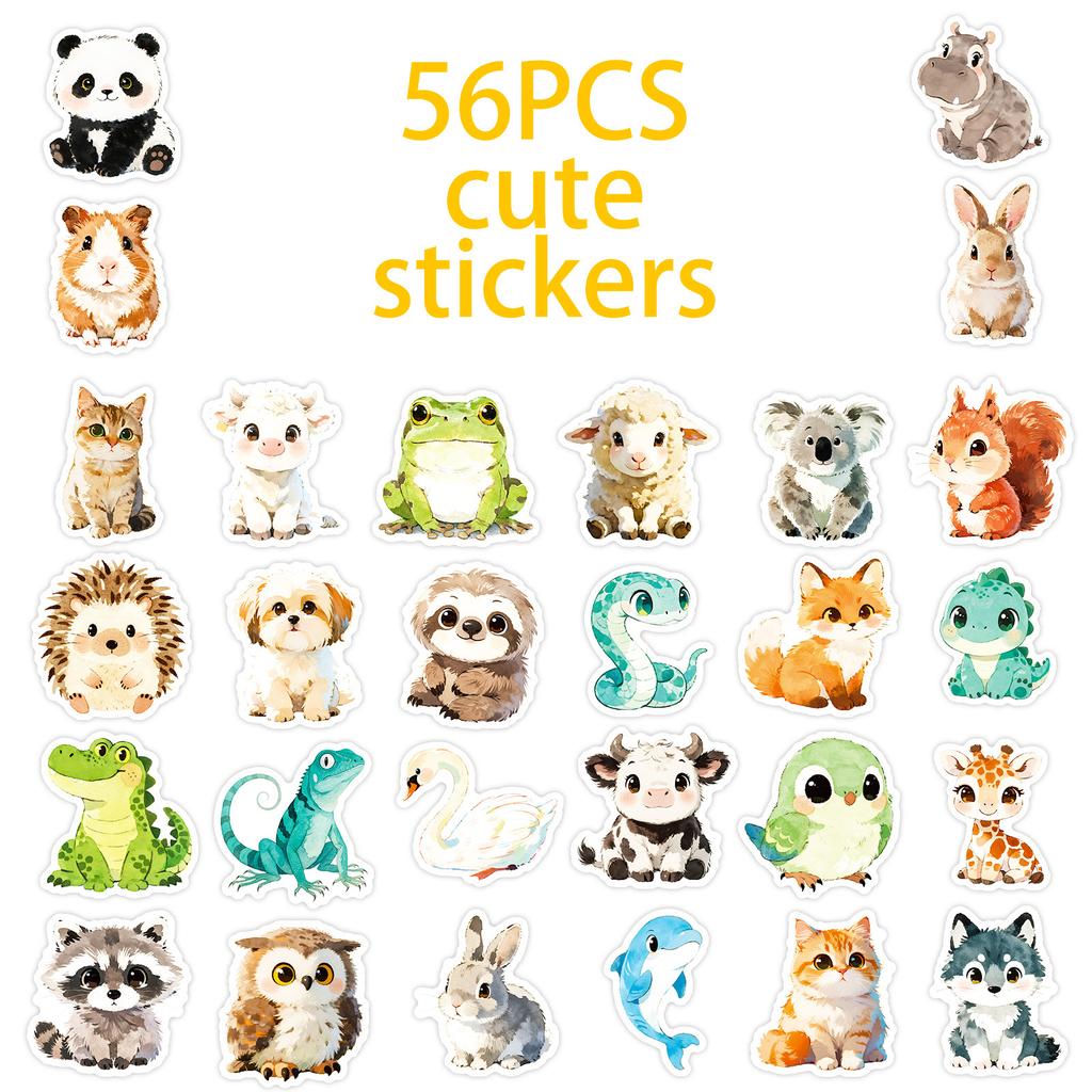 56 Watercolor Hand-Painted Cartoon Animal Graffiti Stickers Cute Penguin Lamb Crocodile Decorative Stickers