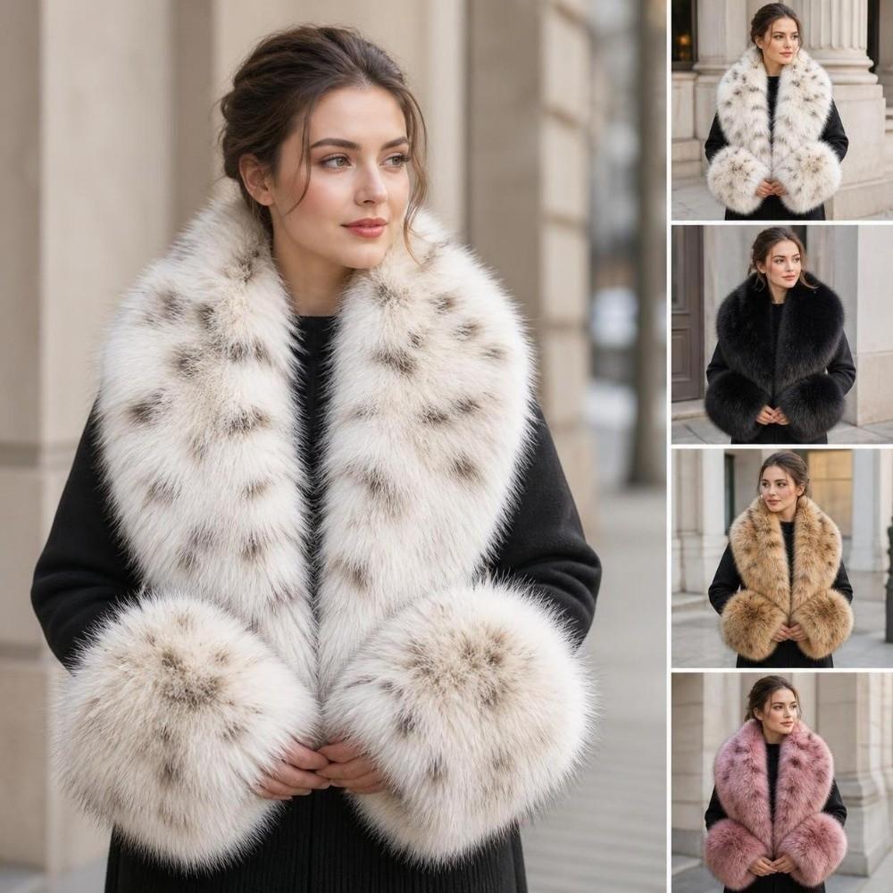 V Shape Faux Fur Collar Set Oversized Shawl Collar Wrap Warm Fur Cuff Set Overcoat Matching