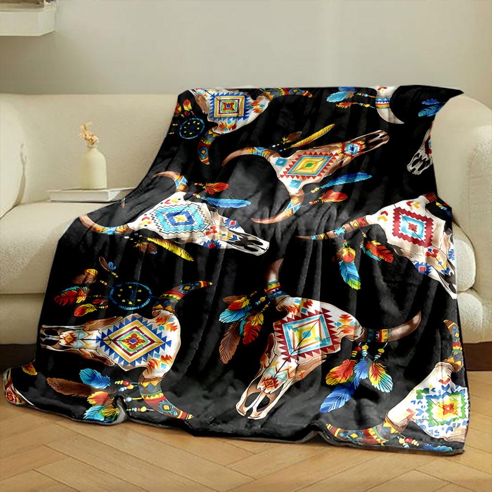 Bohemian Cow Skull Feather Blanket Bedroom Blanket for Livingroom Couch Lunch Break Soft Throw for Friend's Festival Gift