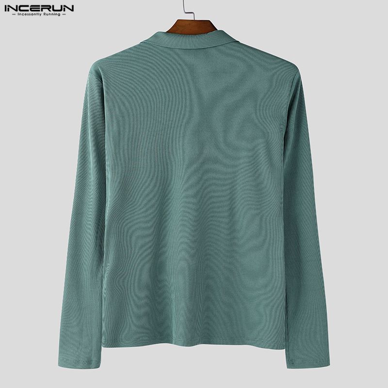 INCERUN Men Lapel Neck Long Sleeve Plain Texture Casual Tops T-Shirts 