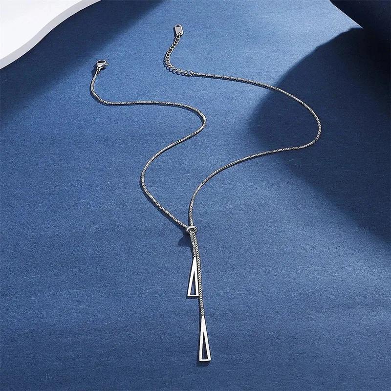 Metal Style Silver Color Triangle Pendant Necklace Fashionable Simple Charm Y Lariat Necklaces for Women Boho Minimalist