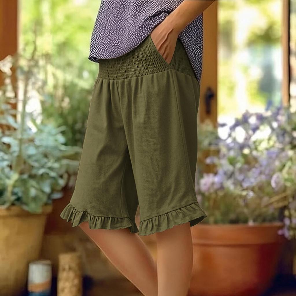 Damen Farbige Hohe Taille Plissierte Baumwolle Leinen Lockere Freizeitshorts