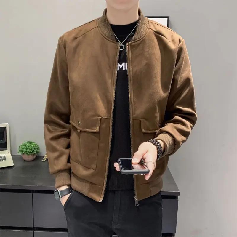 

Men s Bomber Suede Leather Jackets Baseball Winter Sales of Slim Fit Male Cargo Coats Solid Color Harajuku New Clothing Fashion S