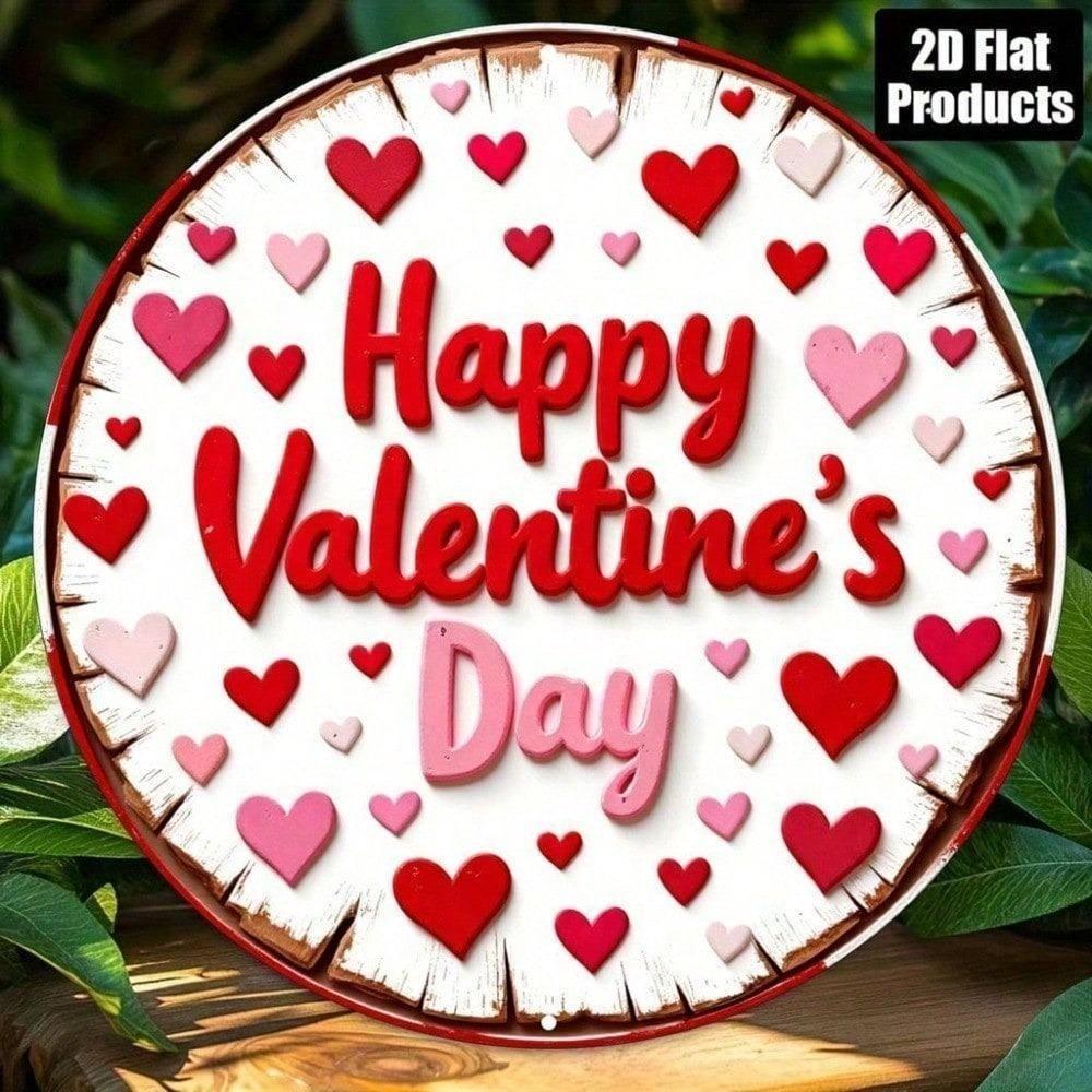 8x8 Inch Round Metal Tin Sign, Flat Aluminum Plate Art, Happy Valentine's Day Wall Decor for Home Kitchen Living Room