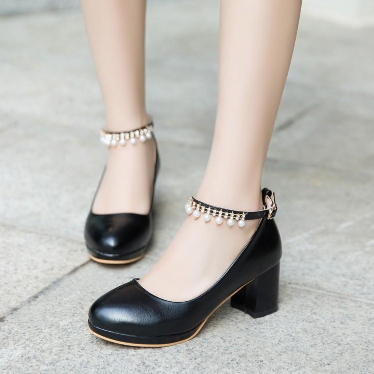 Girls Leather Shoes Ladies High Heel Shoes Sweet Pearl Ankle Strap Princess Mary Janes Party Wedding Shoes Women Pump 30-43