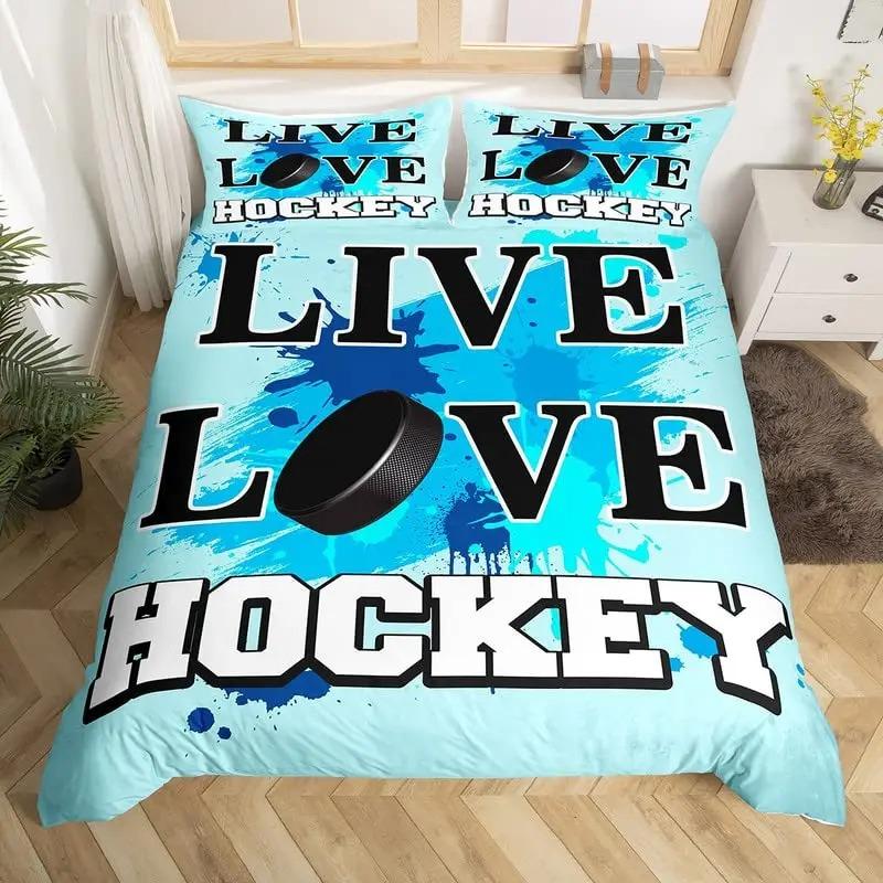 Eishockey Bettbezug Helm Schlittschuhe Bettdeckenbezug Winter Eis Sport Spiele Bettwäsche-Set für Jungen Puck Hockeyspieler Steppdeckenbezug