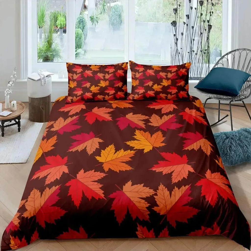 Maple Leaves Duvet Cover Set Colorful Autumn Season Maple Leaves In Unusual Designs Nature Print King Size 3D Bedding Set