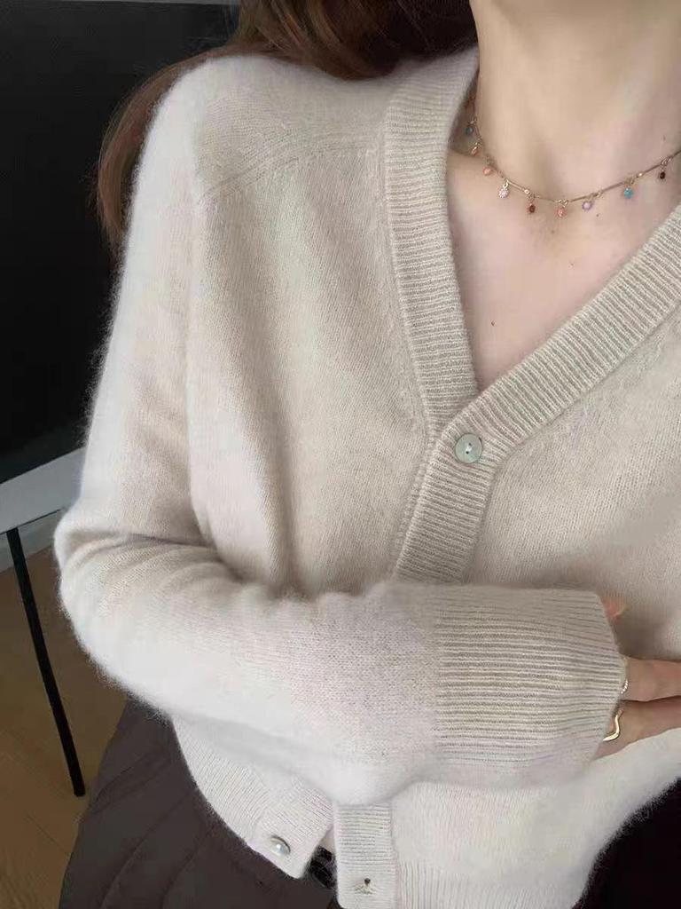 Women's V-Neck Wool Cashmere Knit Cardigan Sweater Top