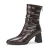 Pleated Retro French Ankle Boots with Velvet Lining, Mid-Calf Height, Back Zipper, and Slim Square Toe for Women.